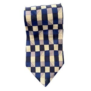 Raphael Roma Milano Mens Silk Tie Navy Blue Grey Geometric Checkerboard